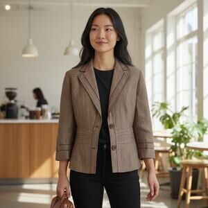 Brown Blazer Linen Blend Jacket 12 Dark Academia Preppy Fitted Coldwater Creek